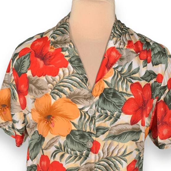 Vintage Options Melrose Silk Hawaiian Shirt Red Orange Hibiscus Floral Medium - Picture 1 of 8